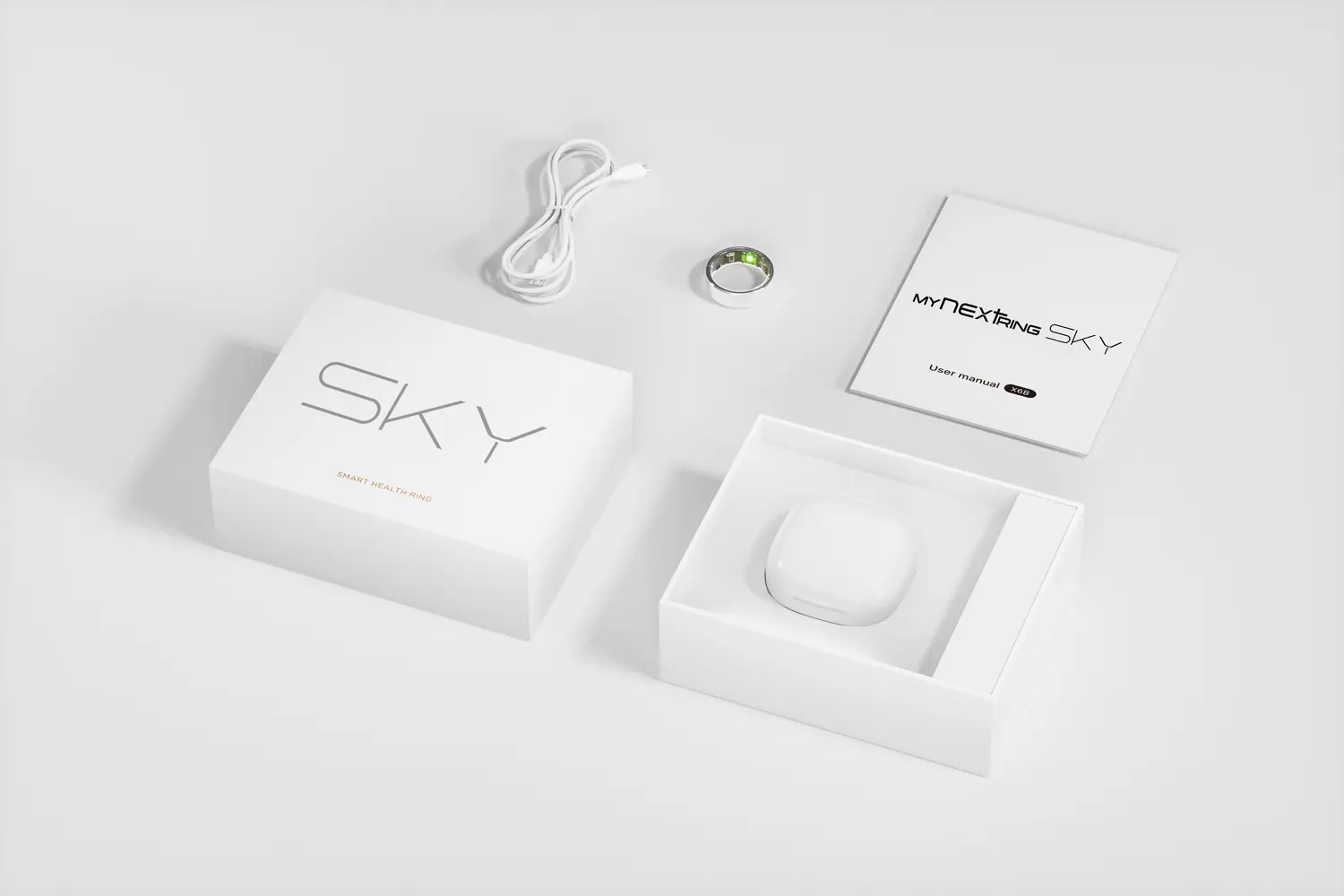 MYnextRING SKY — Lieferumfang mit magnetischem Ladecase, USB-C-Kabel, Geschenkbox, Benutzerhandbuch